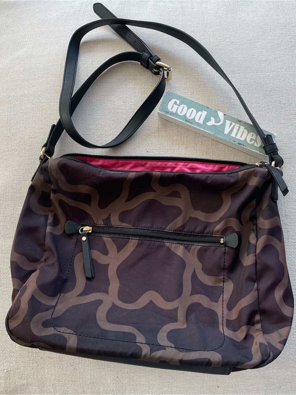Tous Signature Brown Patterned Large Crossbody Bag with Black Strap
